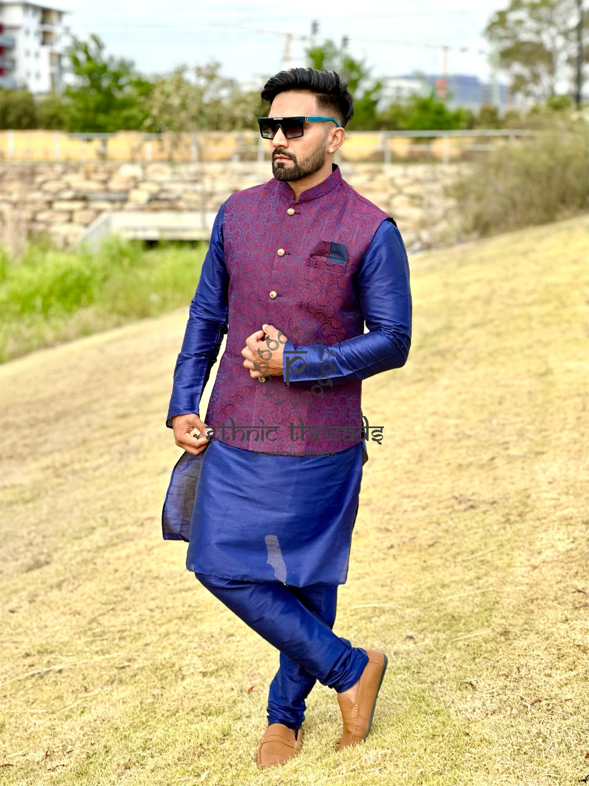 Raw Silk Mens Long Kurta with Jacquard Jacket