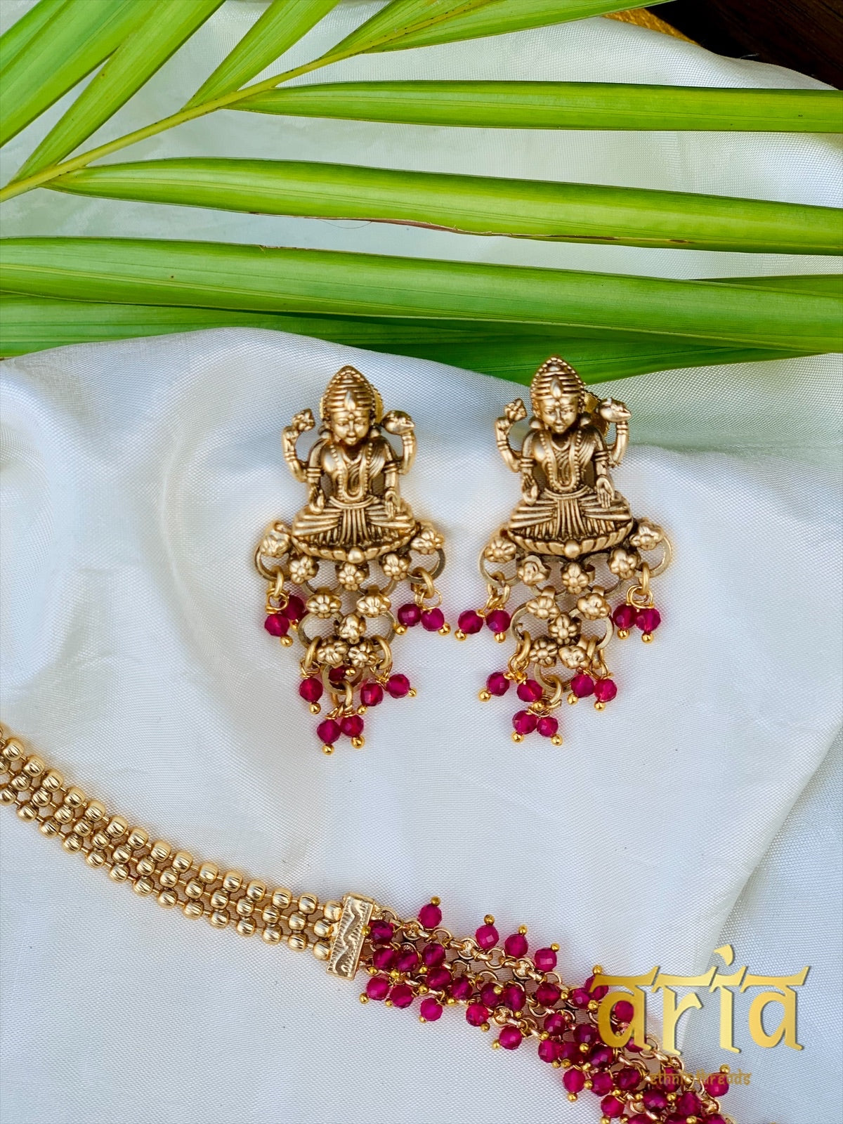 Lord Lakshmi Antique Temple Long Necklace set - Ruby Red