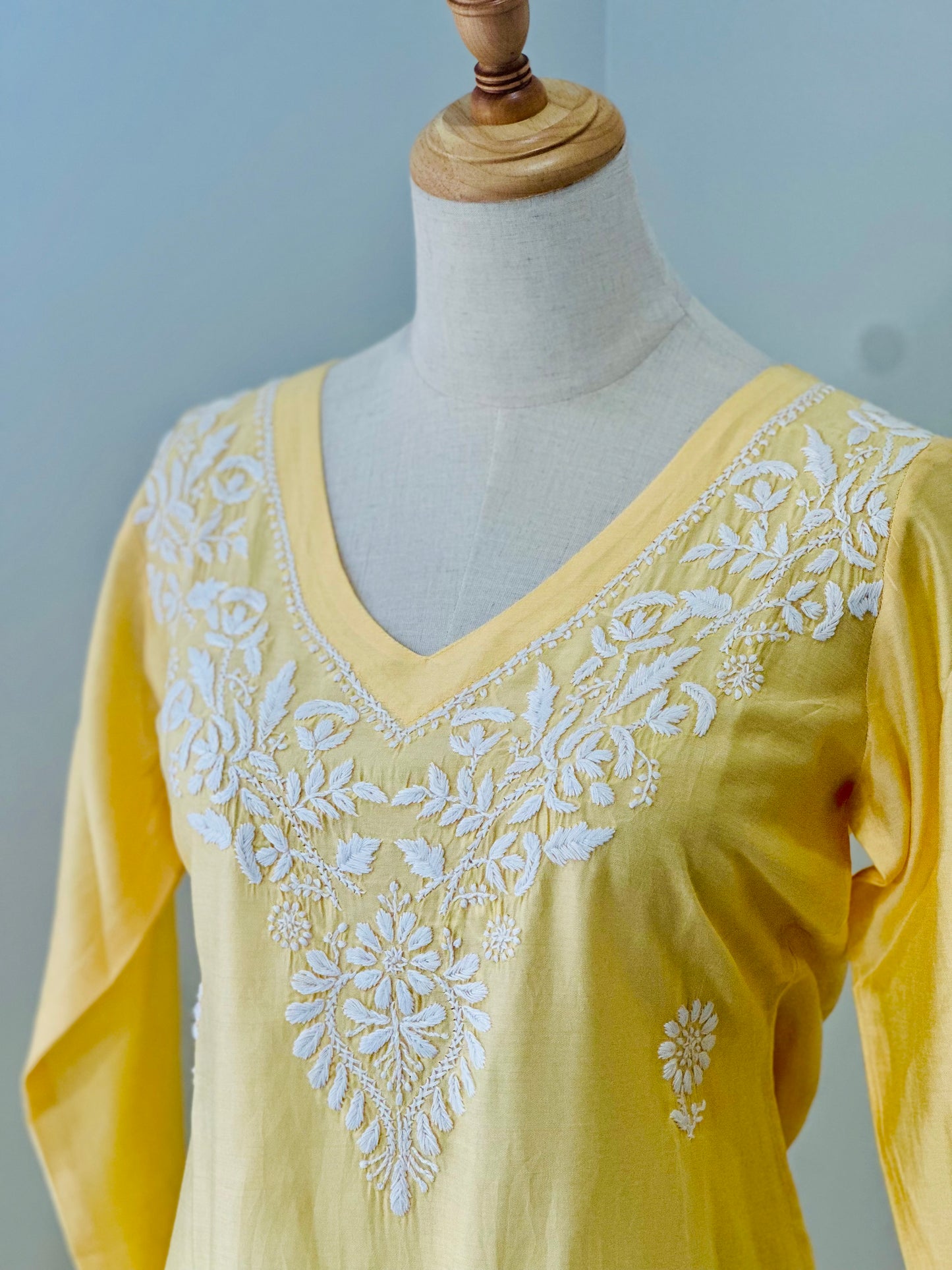 Chikankari Long Kurta In Silk - Pastel Yellow