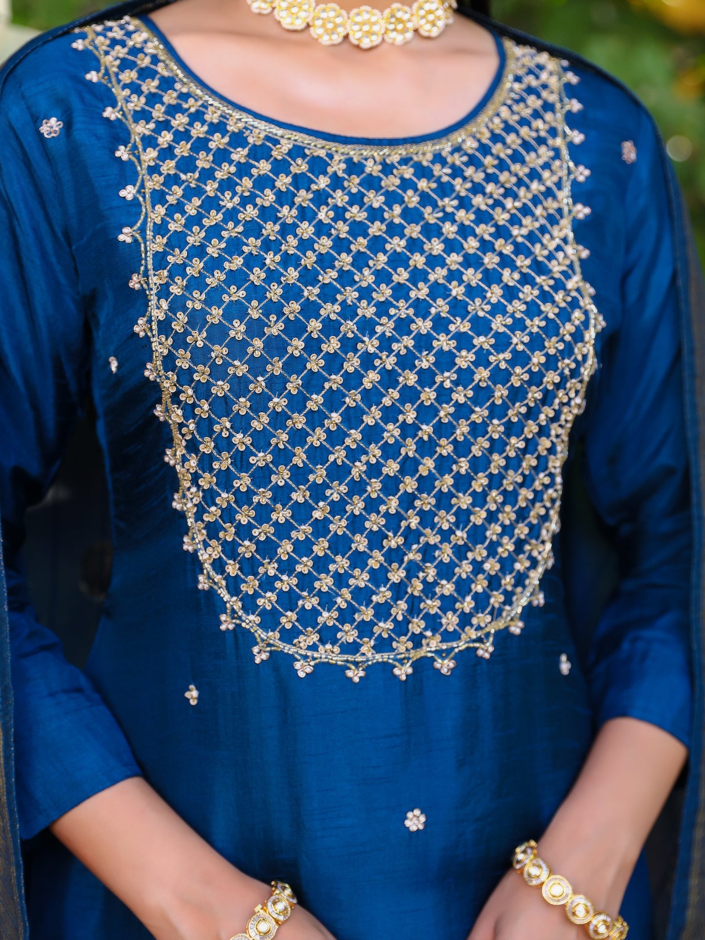 Peacock Blue Silk Salwar Set with Zardosi , U-Neck, and Three-Quarter Sleeves