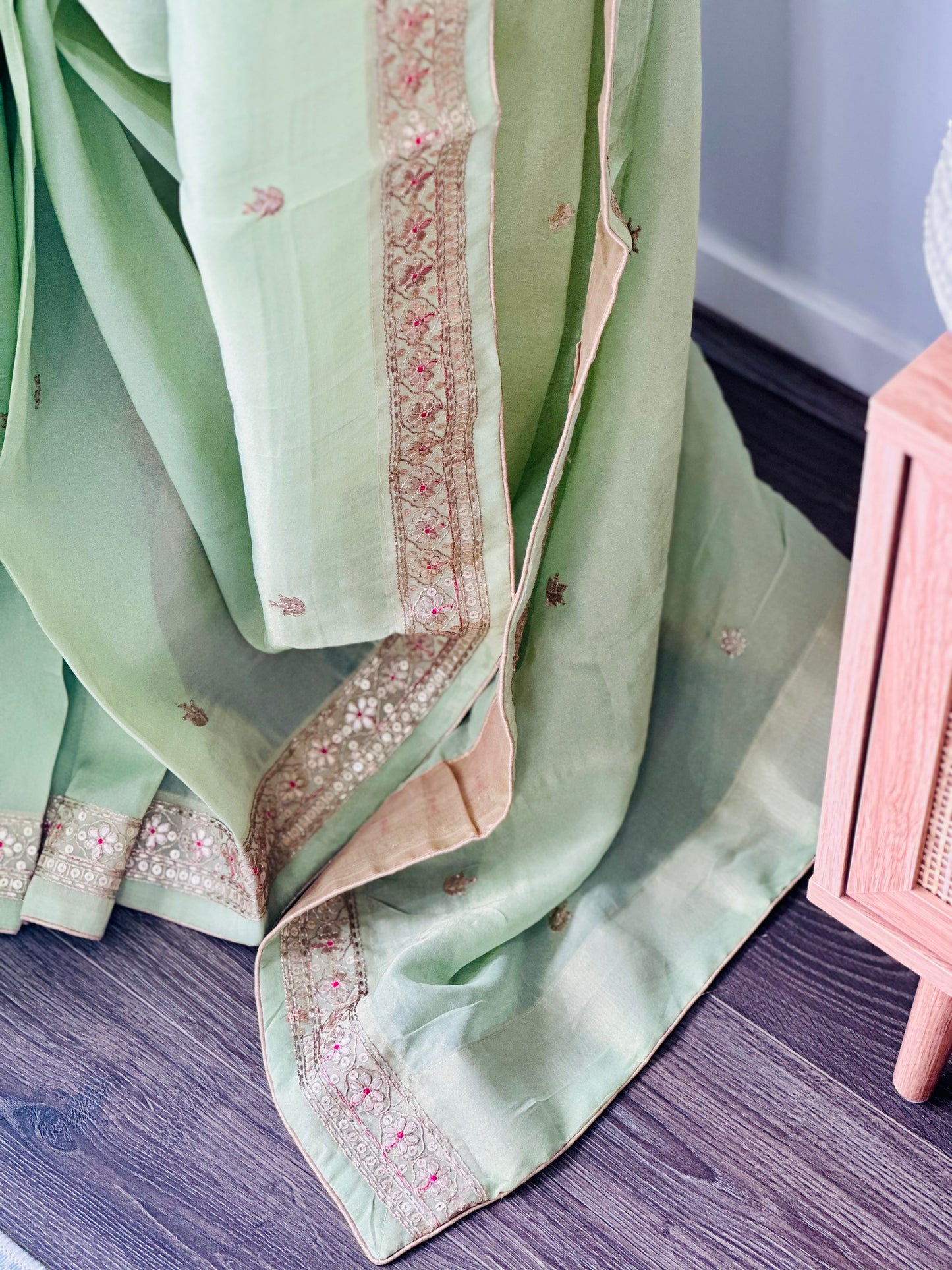 Sage Green Glossy Soft Tissue Saree And Blouse