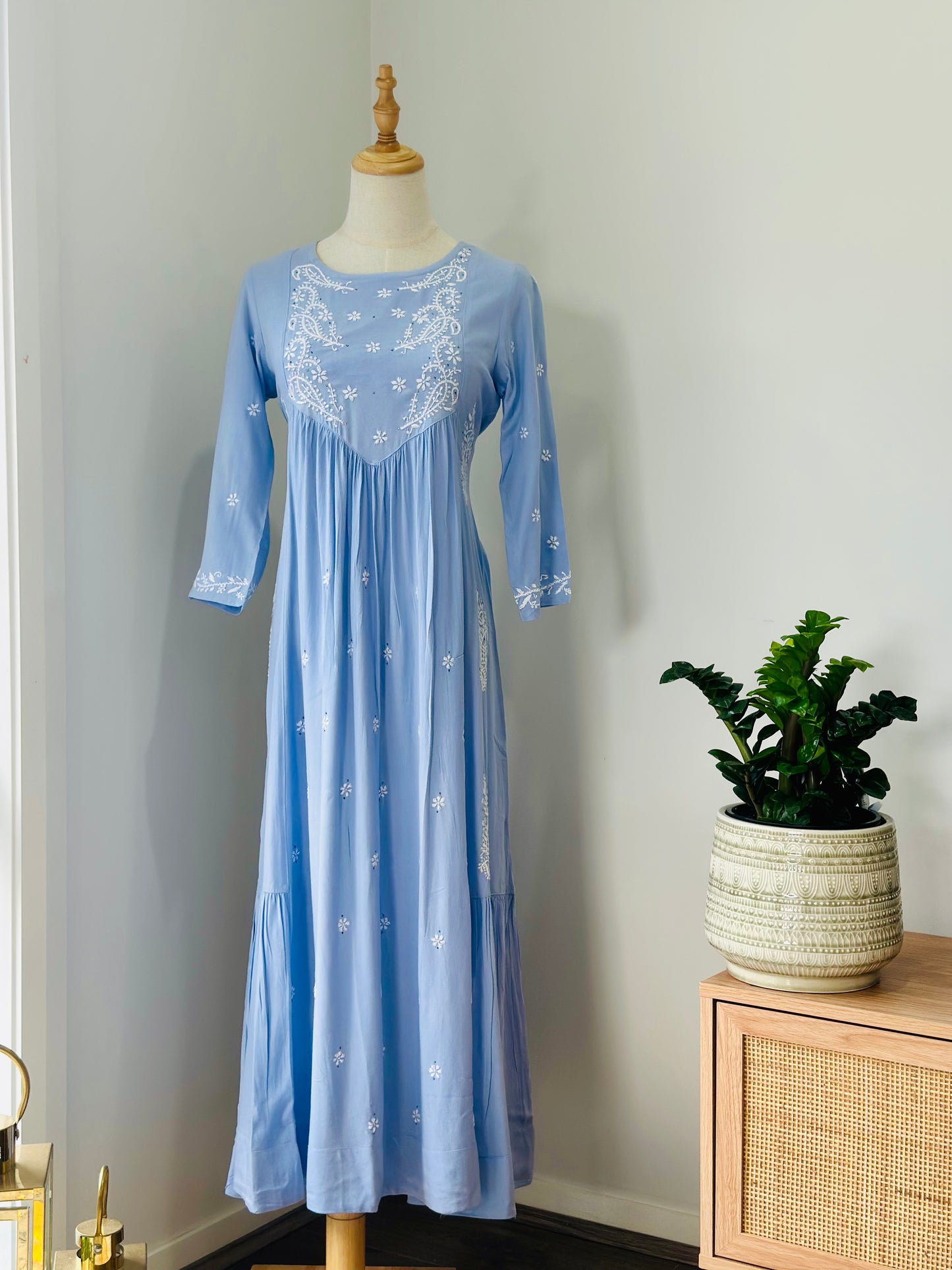 Chikankari Long Anarkali Kurta In Muslin - Sky Blue