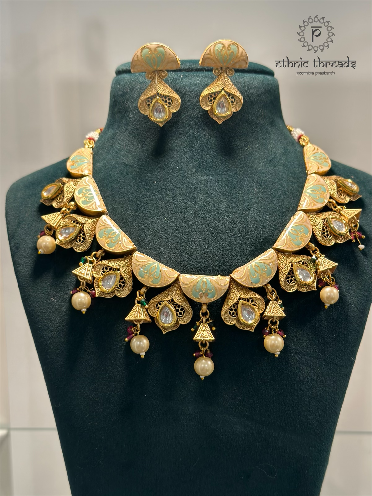 Antique Matt Gold Meenakari Necklace Set
