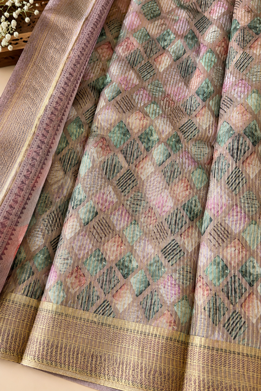 Floral Tissue Saree with Gold Border