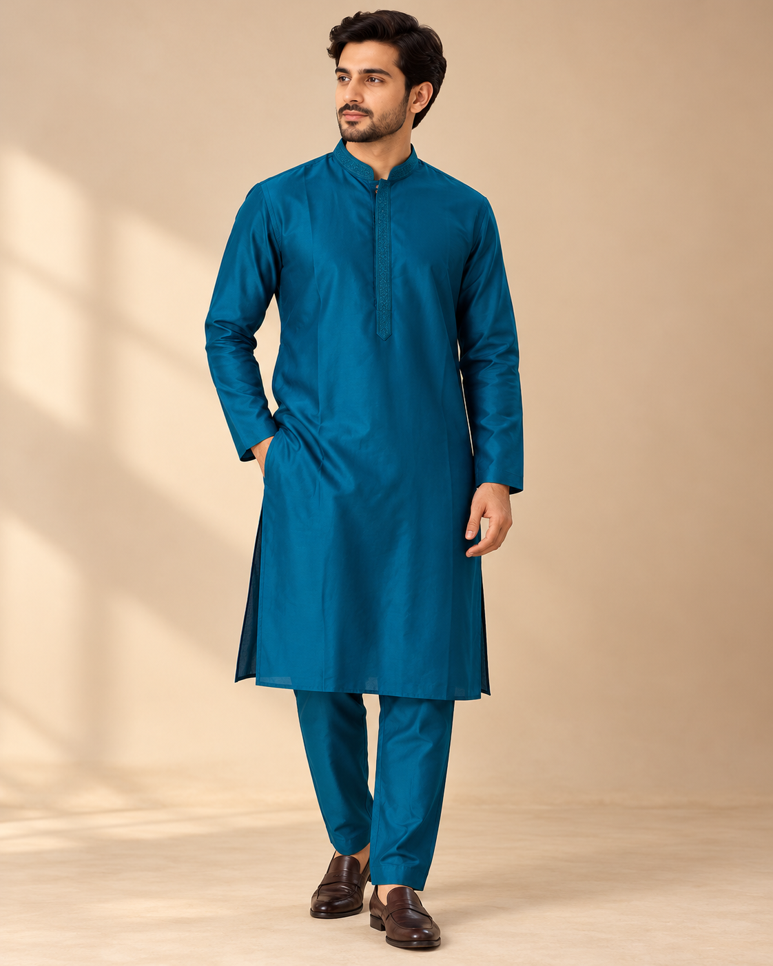 Teal Blue Taffeta Men’s Kurtha Set