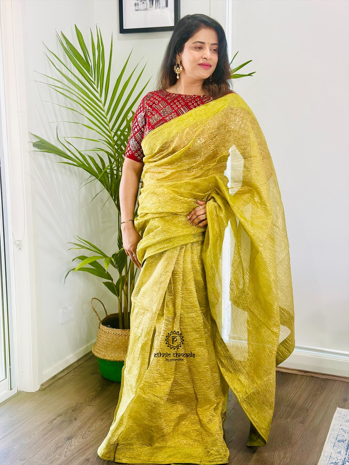Crush Tissue Saree with Pre-Stitched Blouse