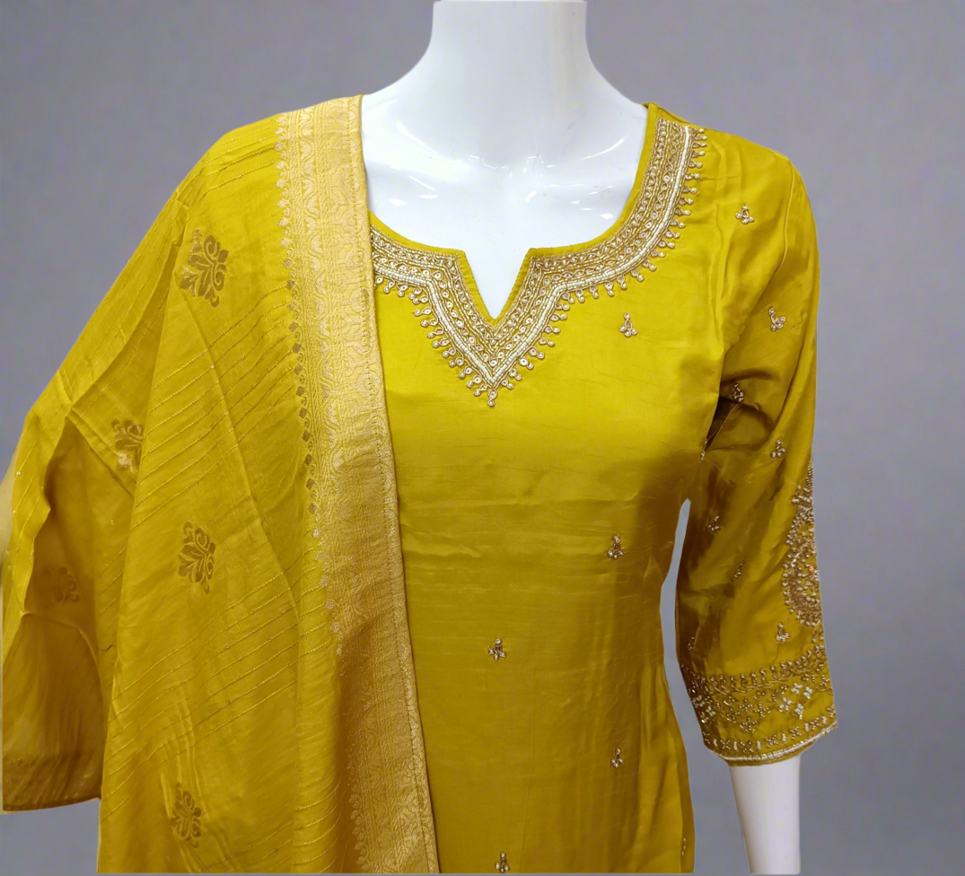 Mustard Silk Salwar Set with Zardosi , U-Neck, and Three-Quarter Sleeves