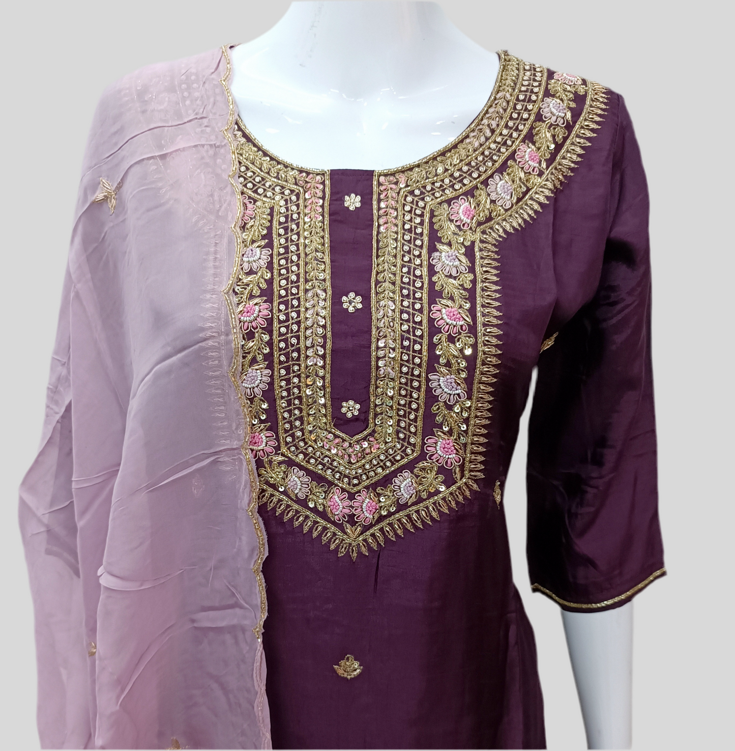 Purple Silk Salwar Set with Zardosi , and Three-Quarter Sleeves
