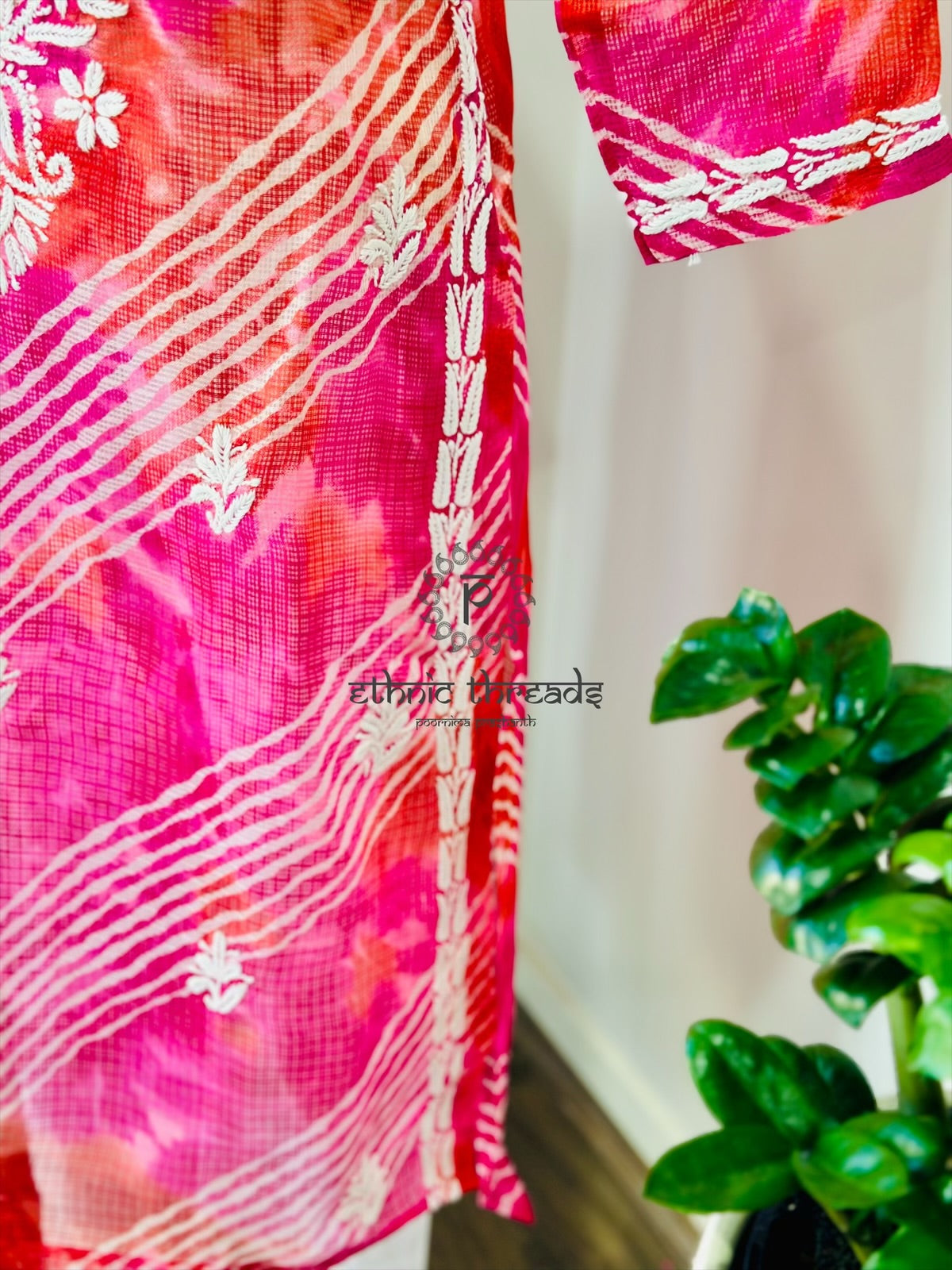 Chikankari Long Kurta In Kota - Magenta