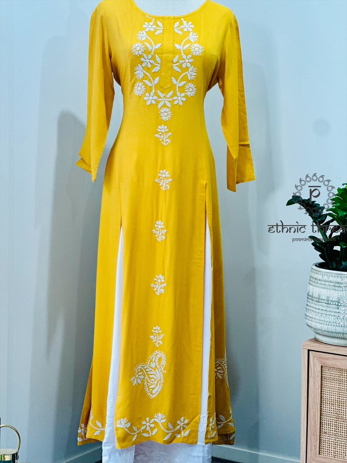 Chikankari Long Front Slit Kurta In Muslin - Mustard