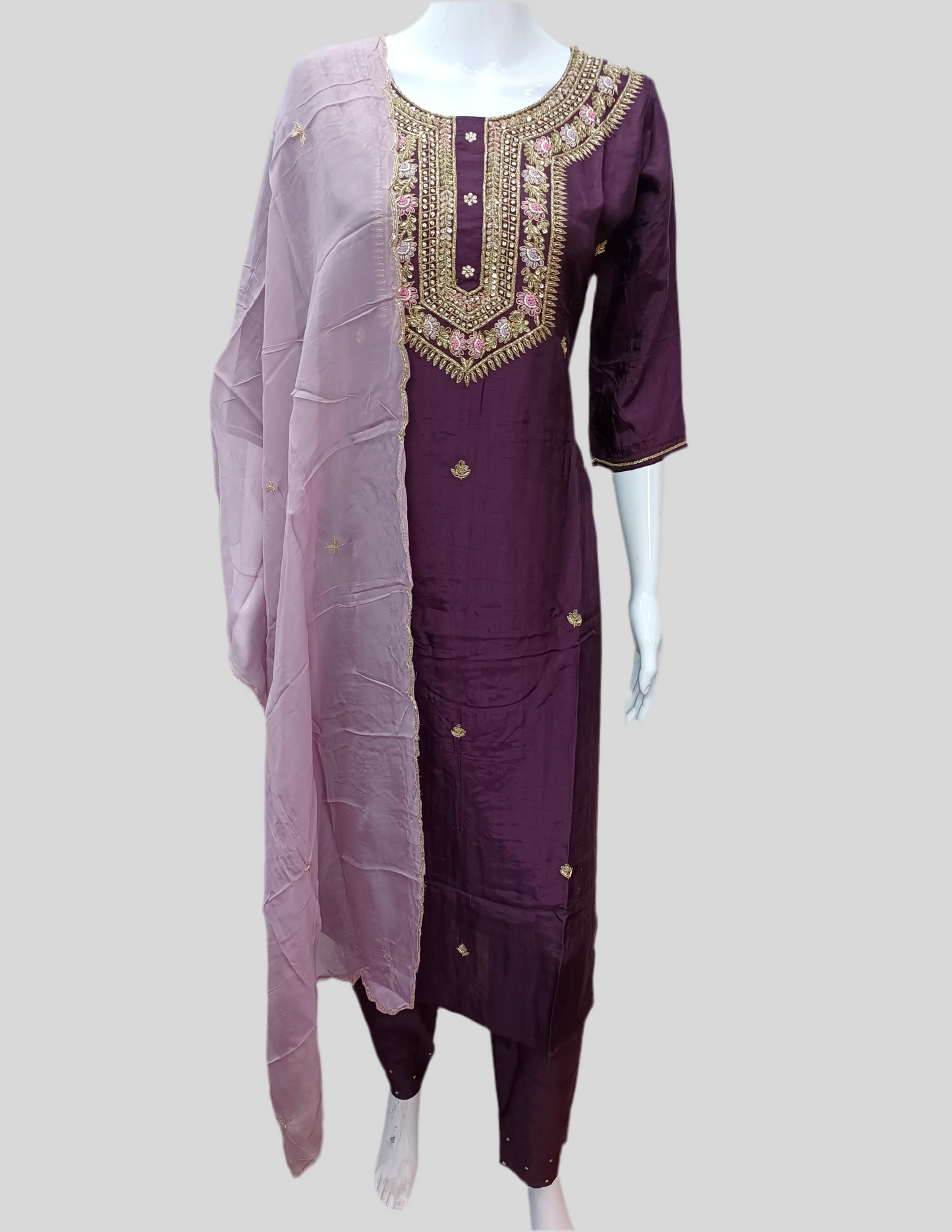 Purple Silk Salwar Set with Zardosi , and Three-Quarter Sleeves