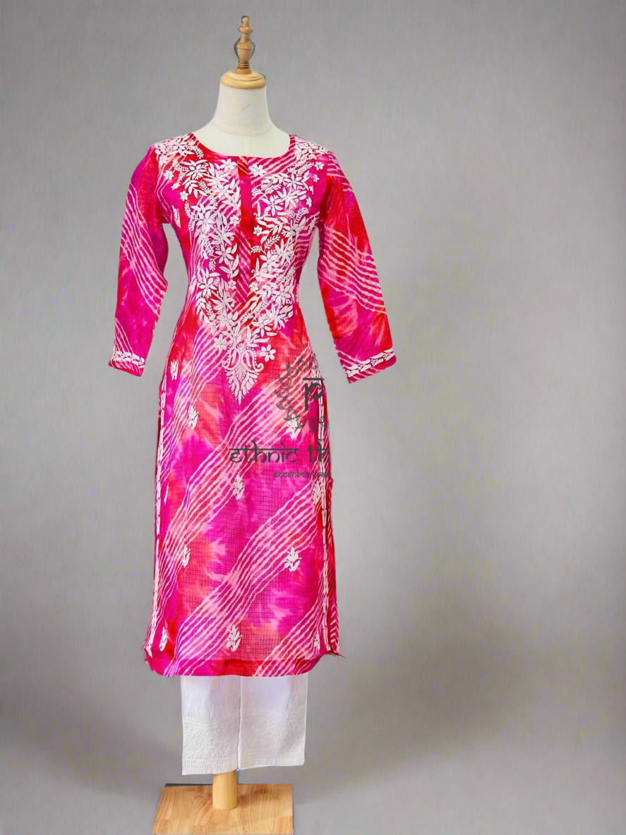 Chikankari Long Kurta In Kota - Magenta
