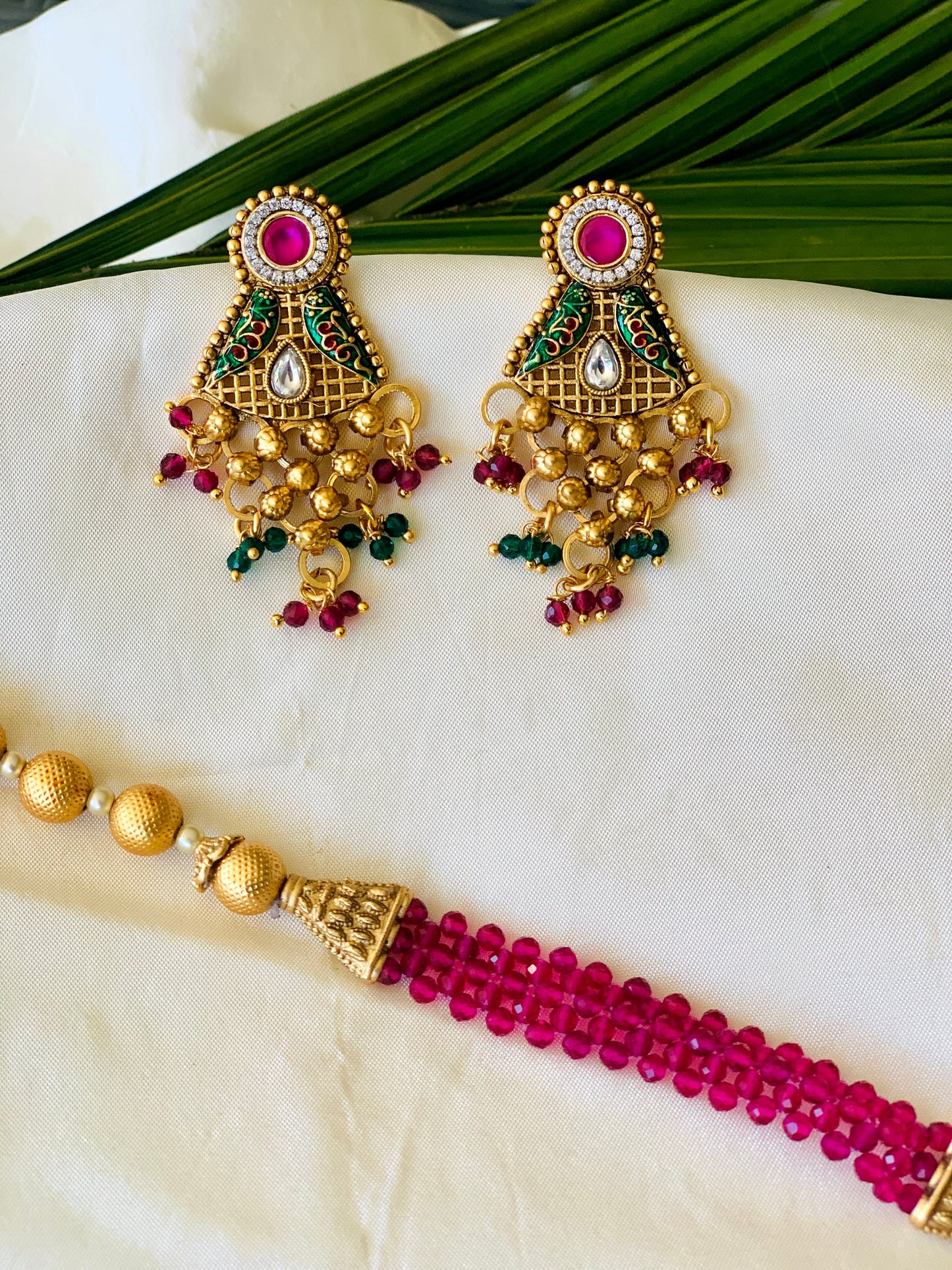 Temple Long Necklace Meenakari Kundan Set- Ruby & White Stones