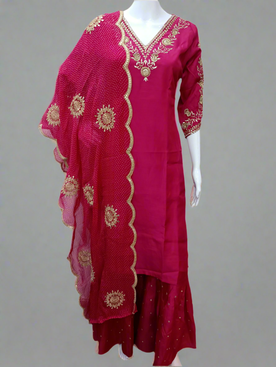 Magenta Gharara Set with Zardosi with Three-Quarter Sleeves