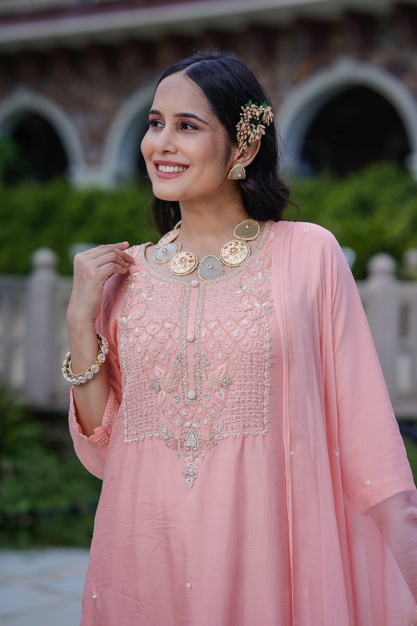 Peach Silk Salwar Set with Zardosi , and Three-Quarter Sleeves
