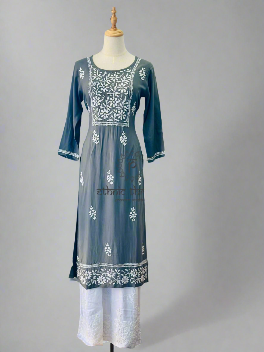 Chikankari Long Kurta In Muslin - Grey