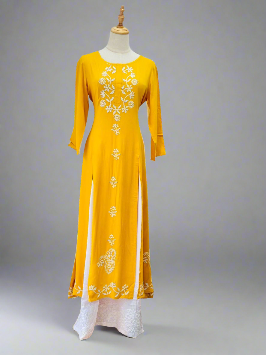 Chikankari Long Front Slit Kurta In Muslin - Mustard