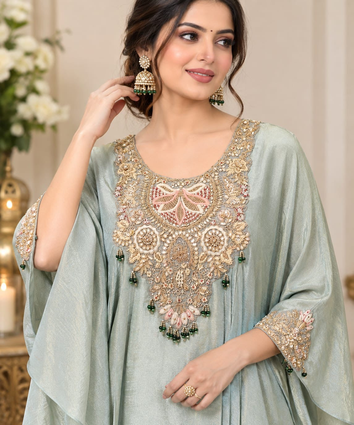 Sage Green Embroidered Kaftan Palazzo Set