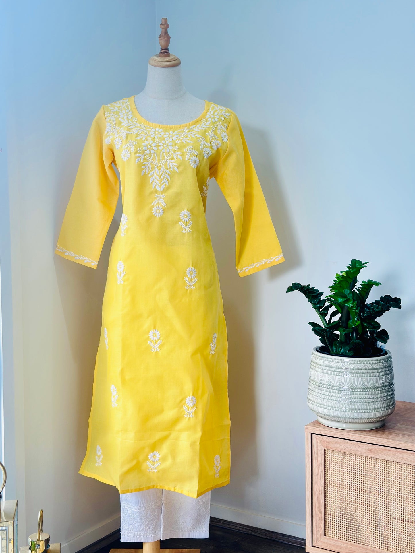 Chikankari Long Kurta In Cotton - Yellow