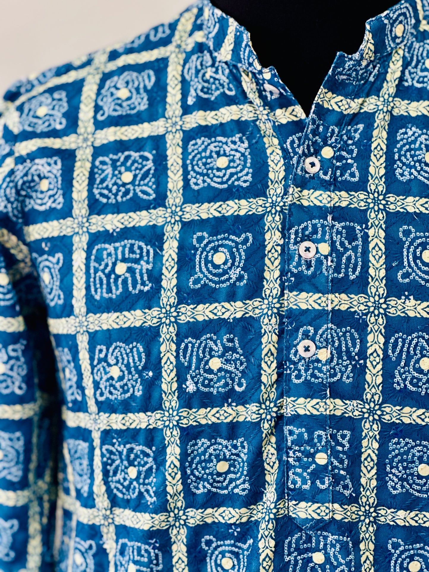 Printed Cotton Mens Long Kurta- Indigo Blue