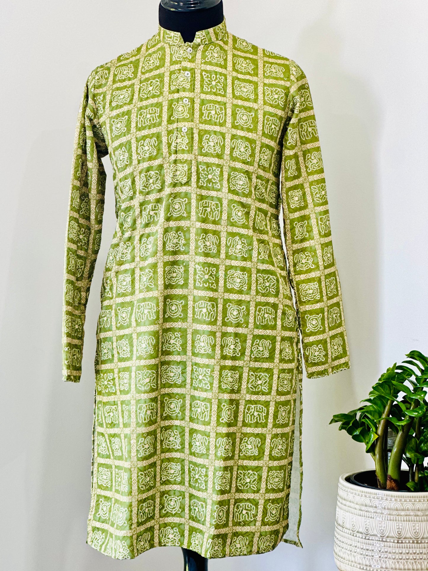 Printed Cotton Mens Long Kurta- Green