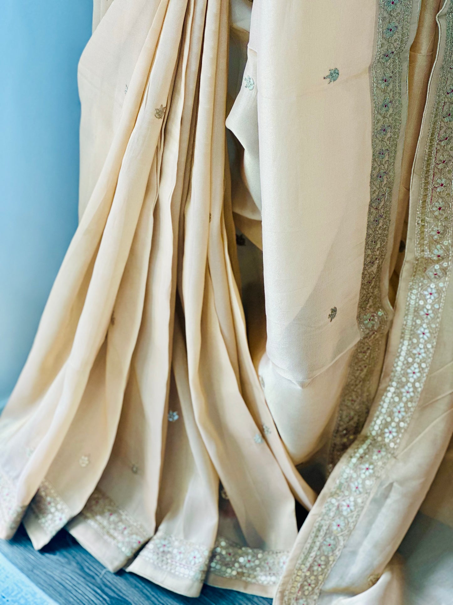 Light Peach Glossy Soft Tissue Saree And Blouse