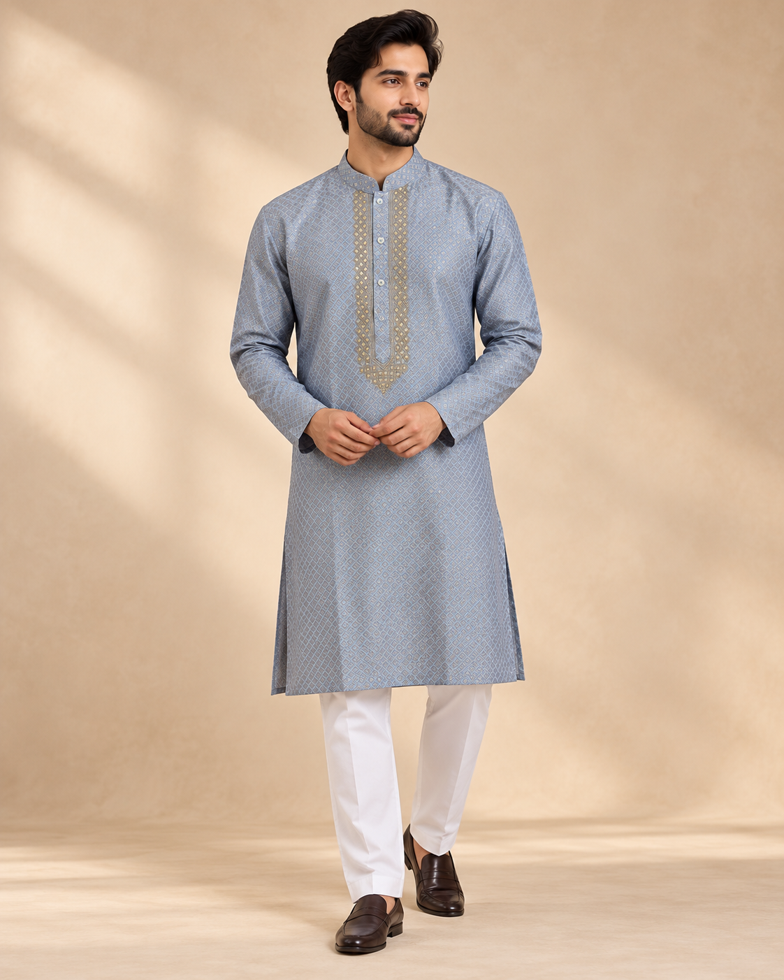 Slate Blue Semi Banarasi Silk Men’s Kurta & Pyjama Set