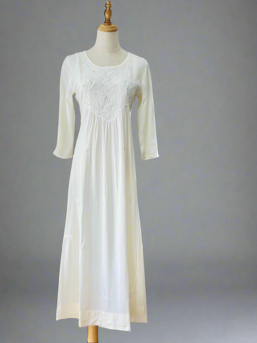 Chikankari Long Anarkali Kurta In Muslin - white