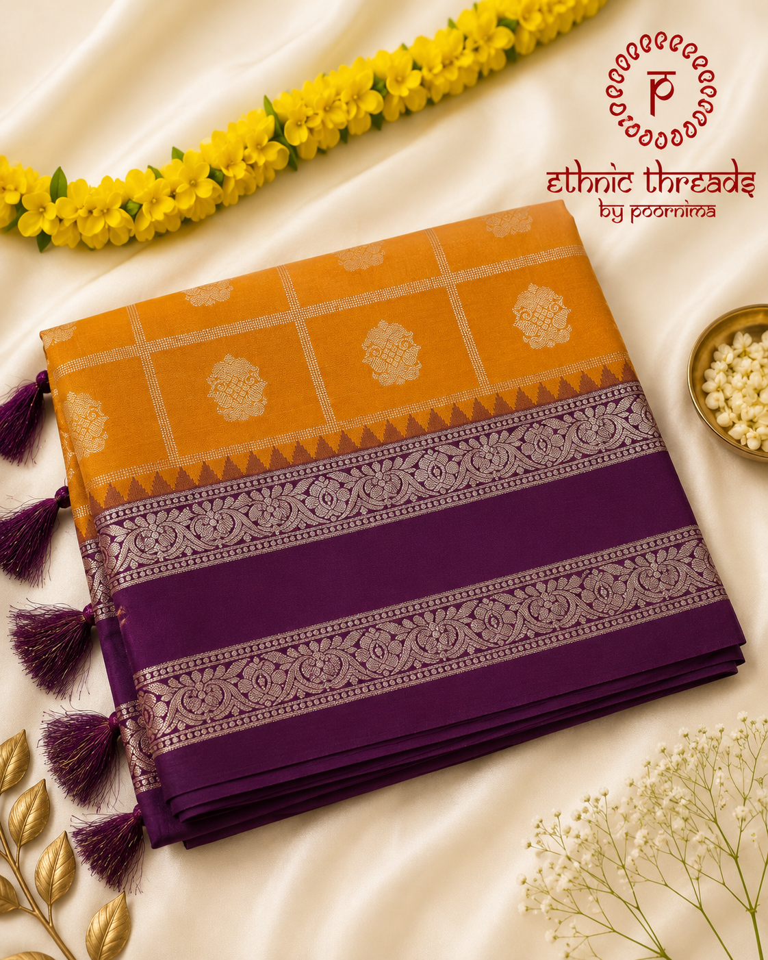 Semi Silk Saree with Zari Checks & Contrast Border