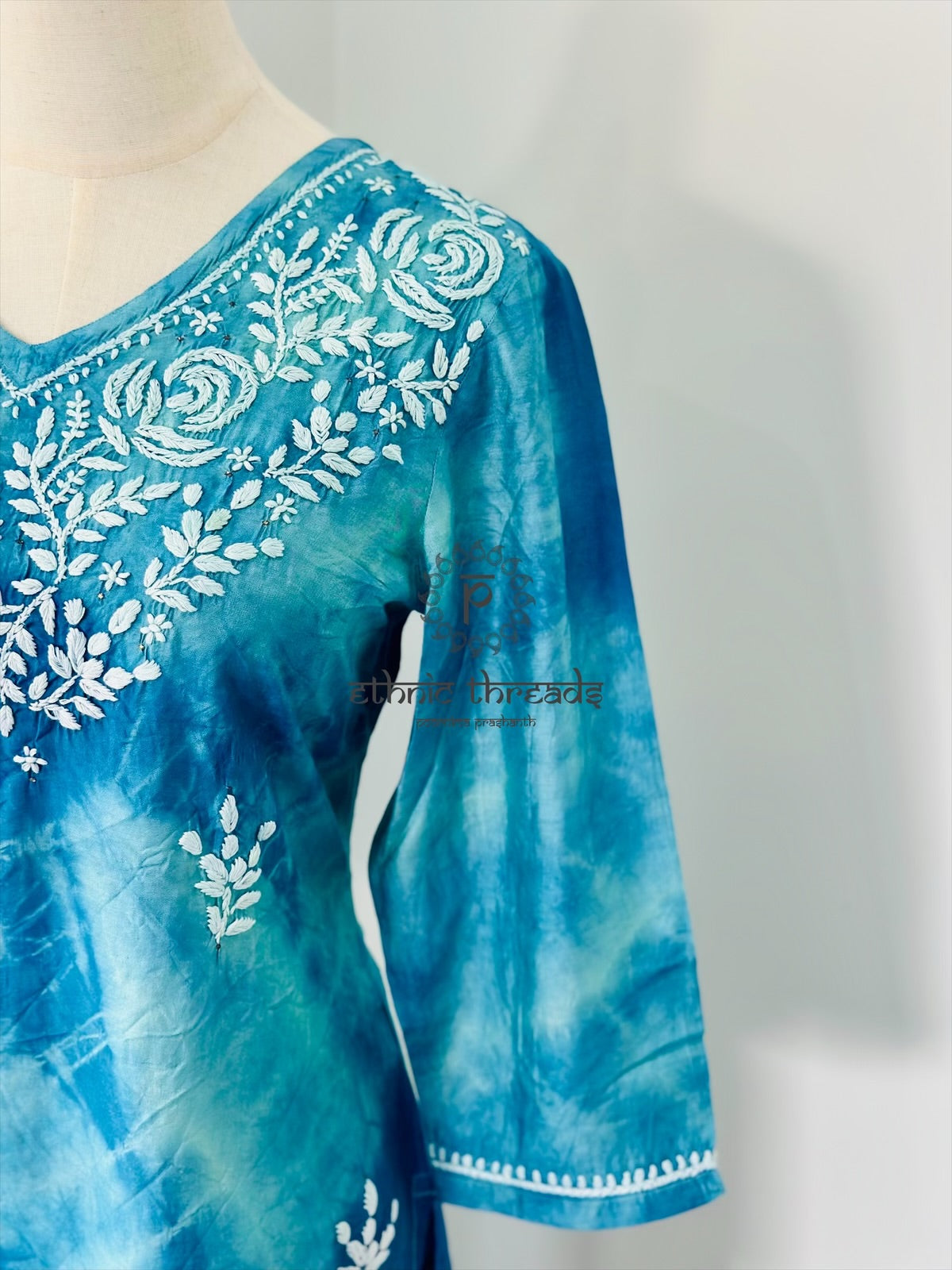 Chikankari Kurta In Tie-Dye Silk Cotton -Teal/Blue