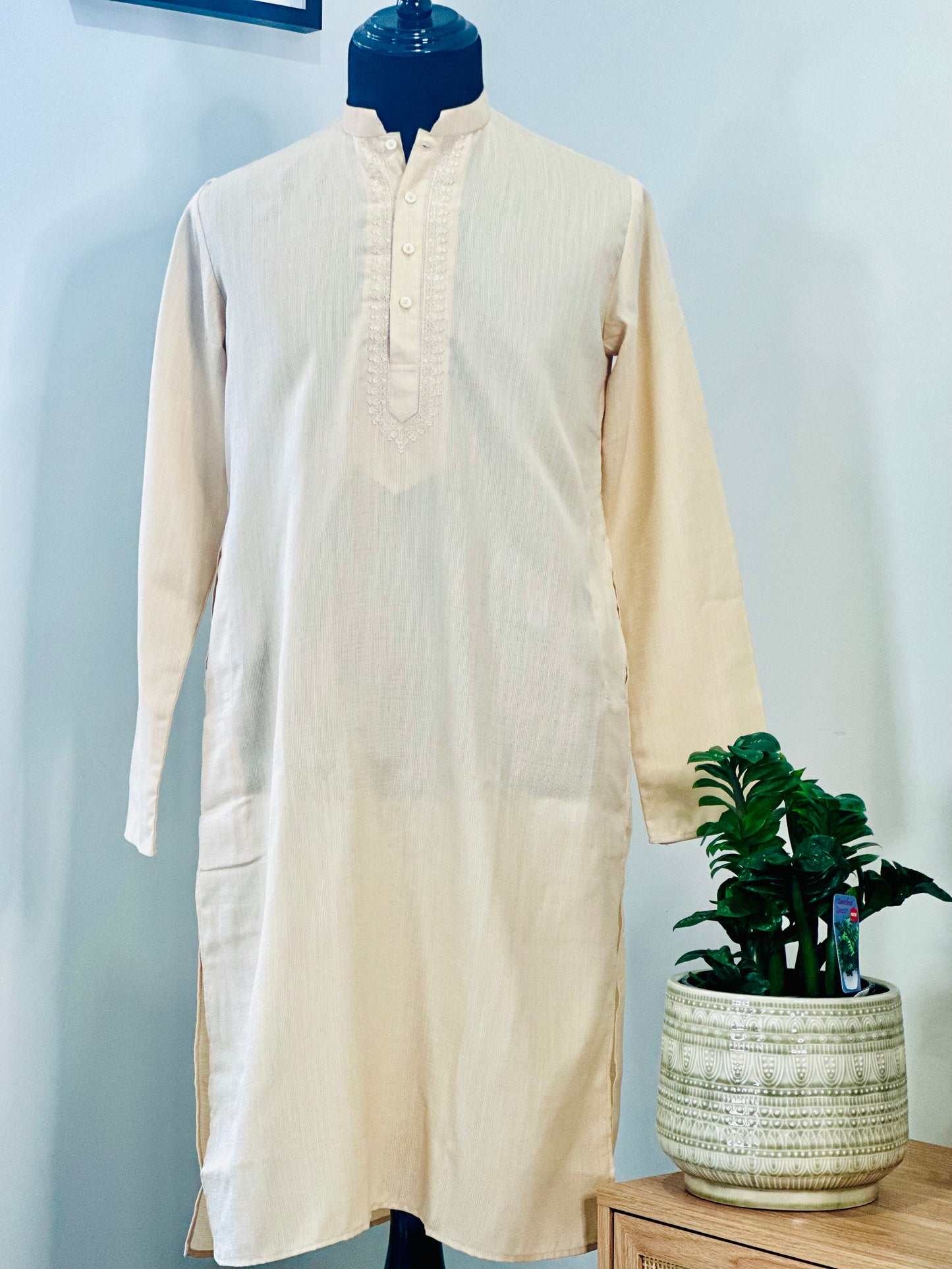 Cotton Mens Long Kurta- Cream