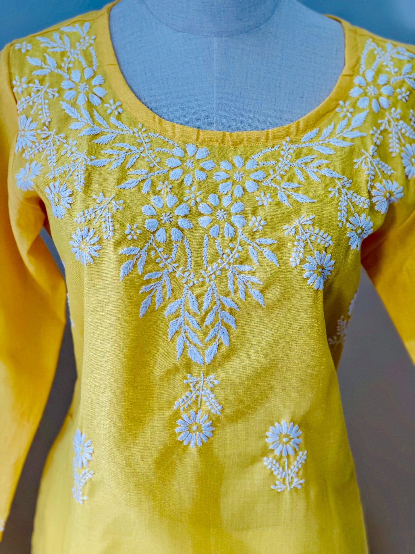Chikankari Long Kurta In Cotton - Yellow