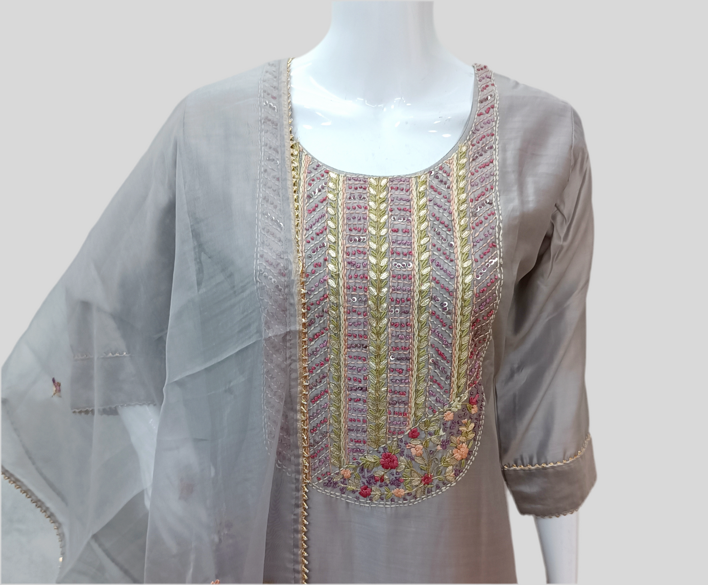 Pastel Grey Salwar Set with Hand Embroidery