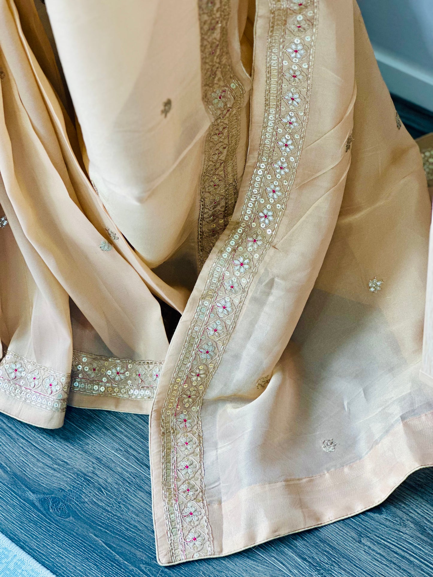 Light Peach Glossy Soft Tissue Saree And Blouse