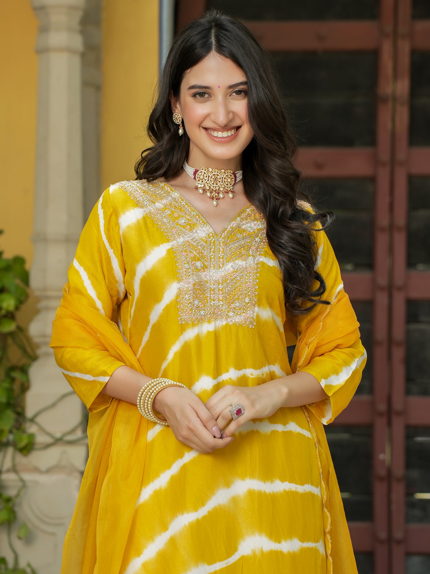 Mustard Shibori Silk Kurta Set with Embroidery, V-Neck, and Three-Quarter Sleeves