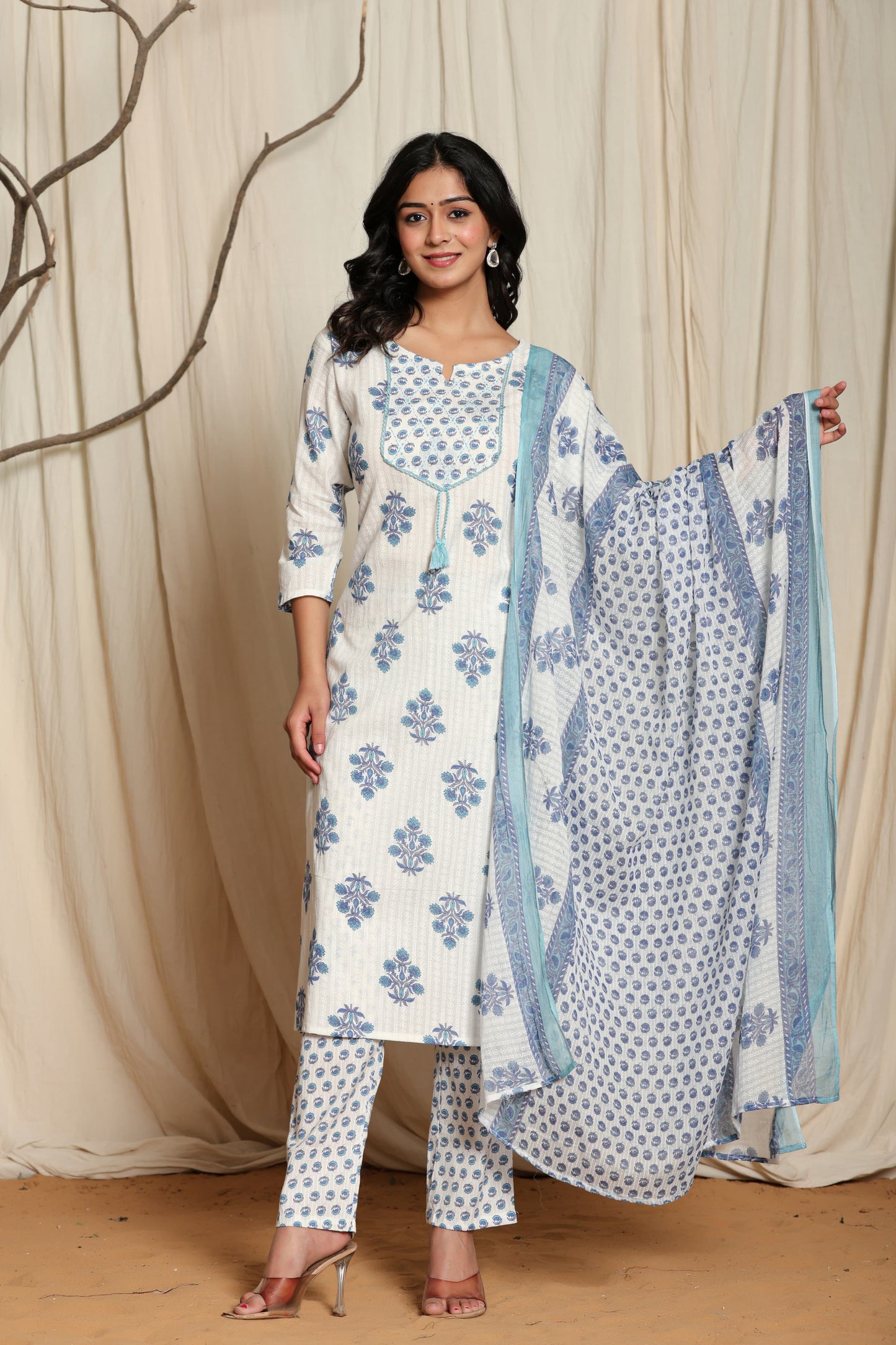 White With Blue Block Print Cotton Printed Suit Set