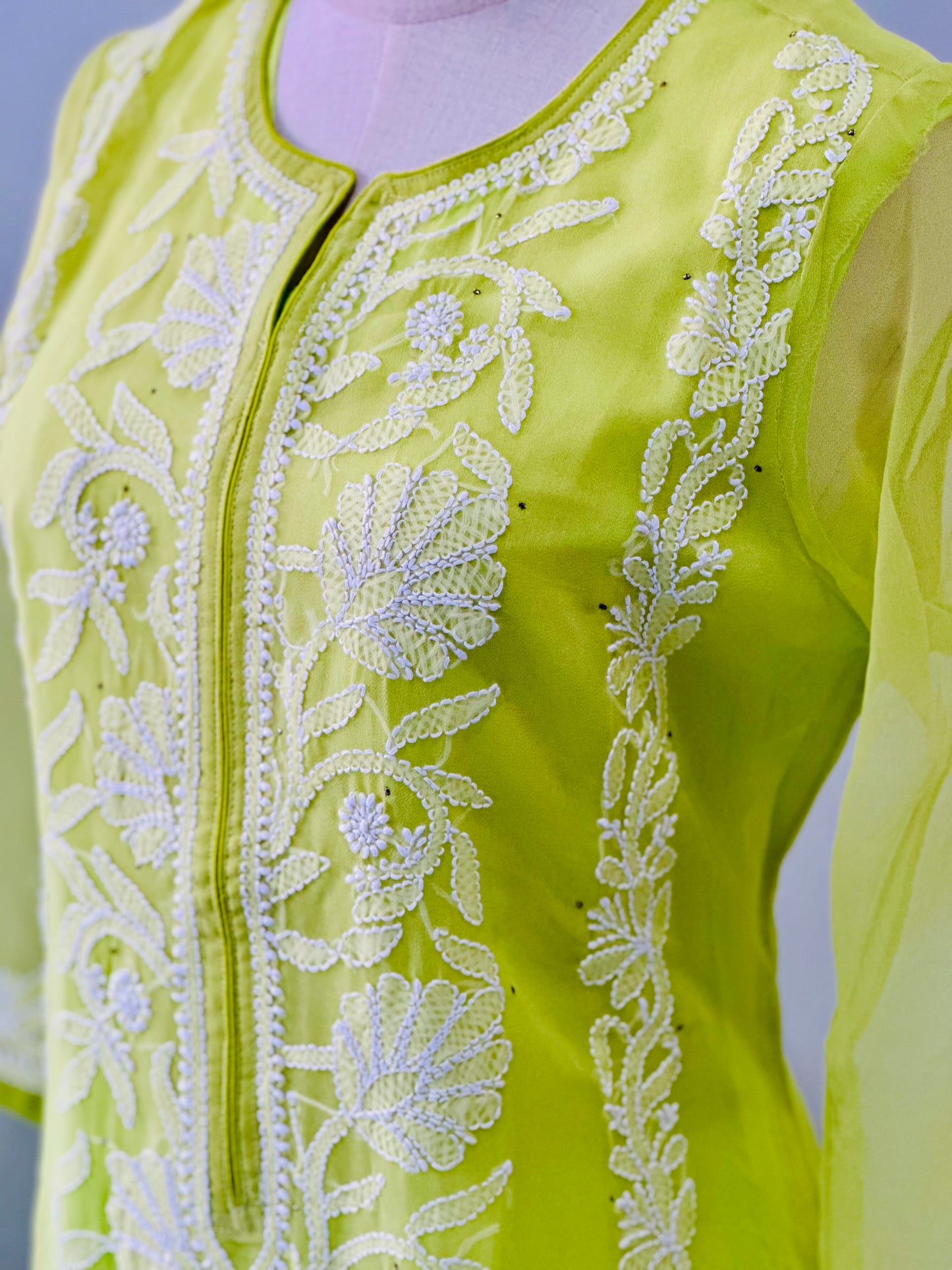 Chikankari Long Kurta In Georgette - Mint Green