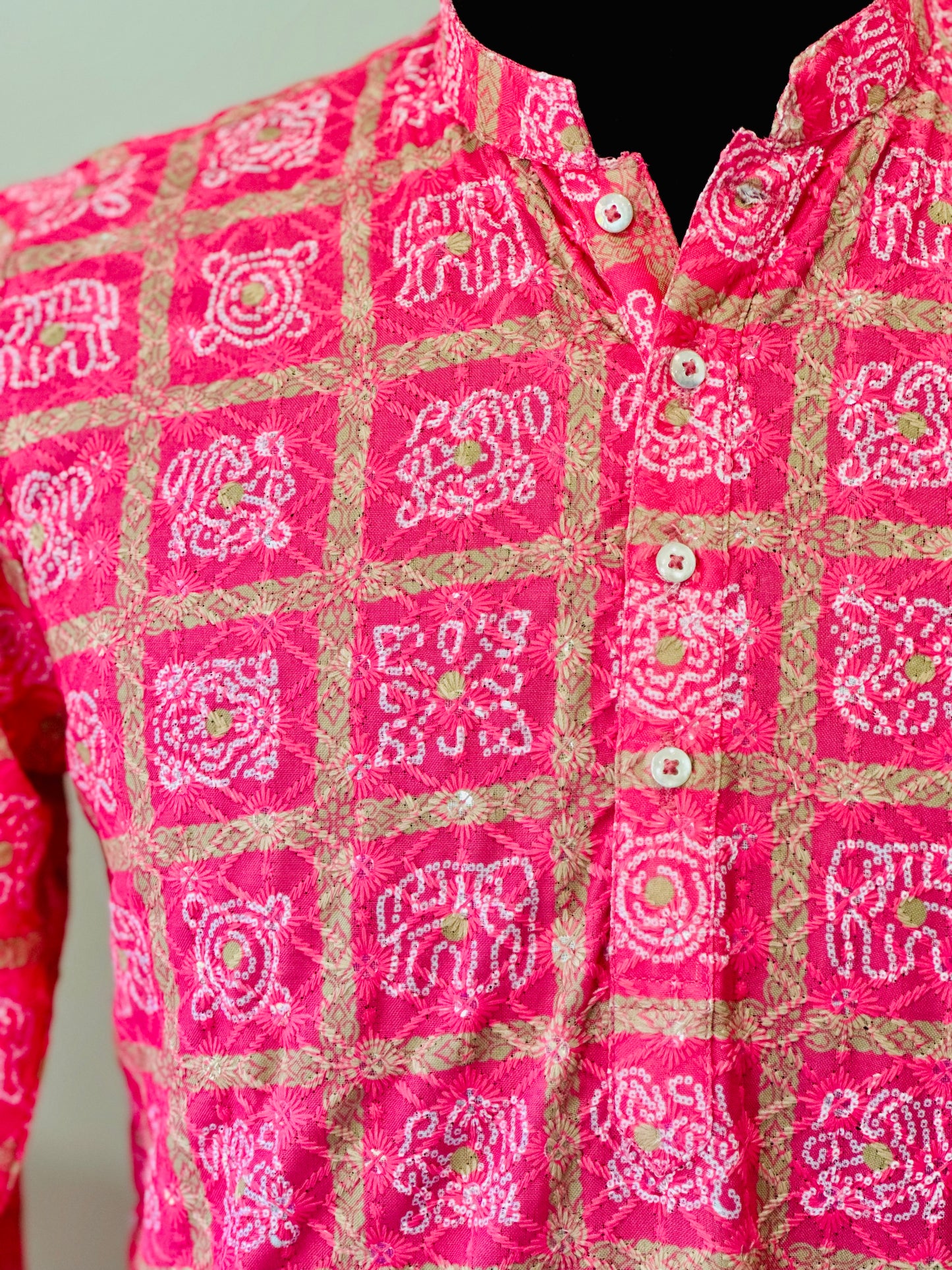 Printed Cotton Mens Long Kurta- Neon Pink
