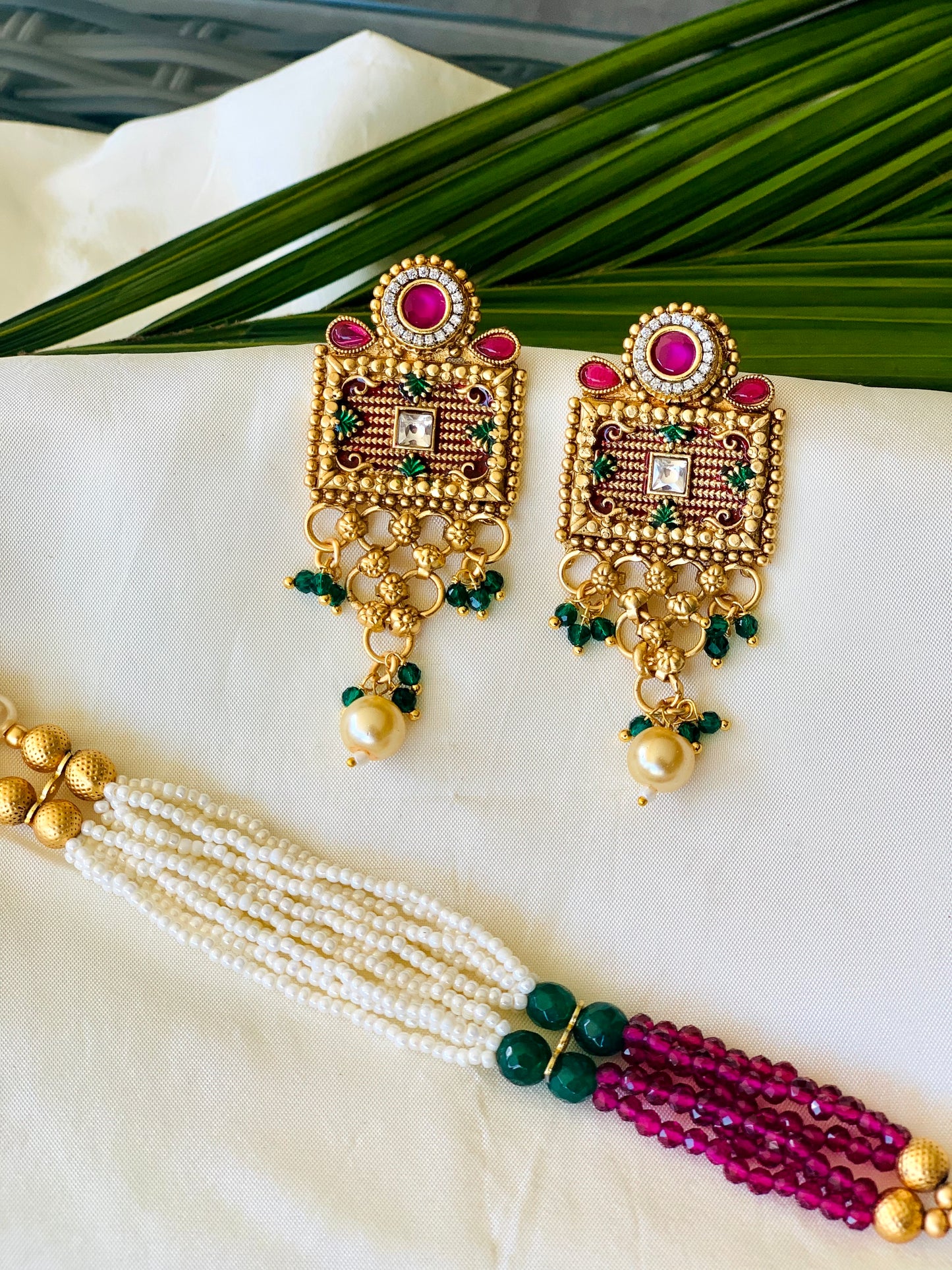 Temple Long Necklace Set- Ruby & White Stones