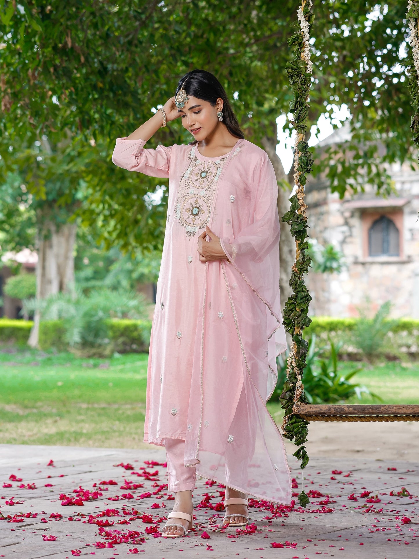 Pastel Pink Silk Salwar Set with Zardosi , and Three-Quarter Sleeves
