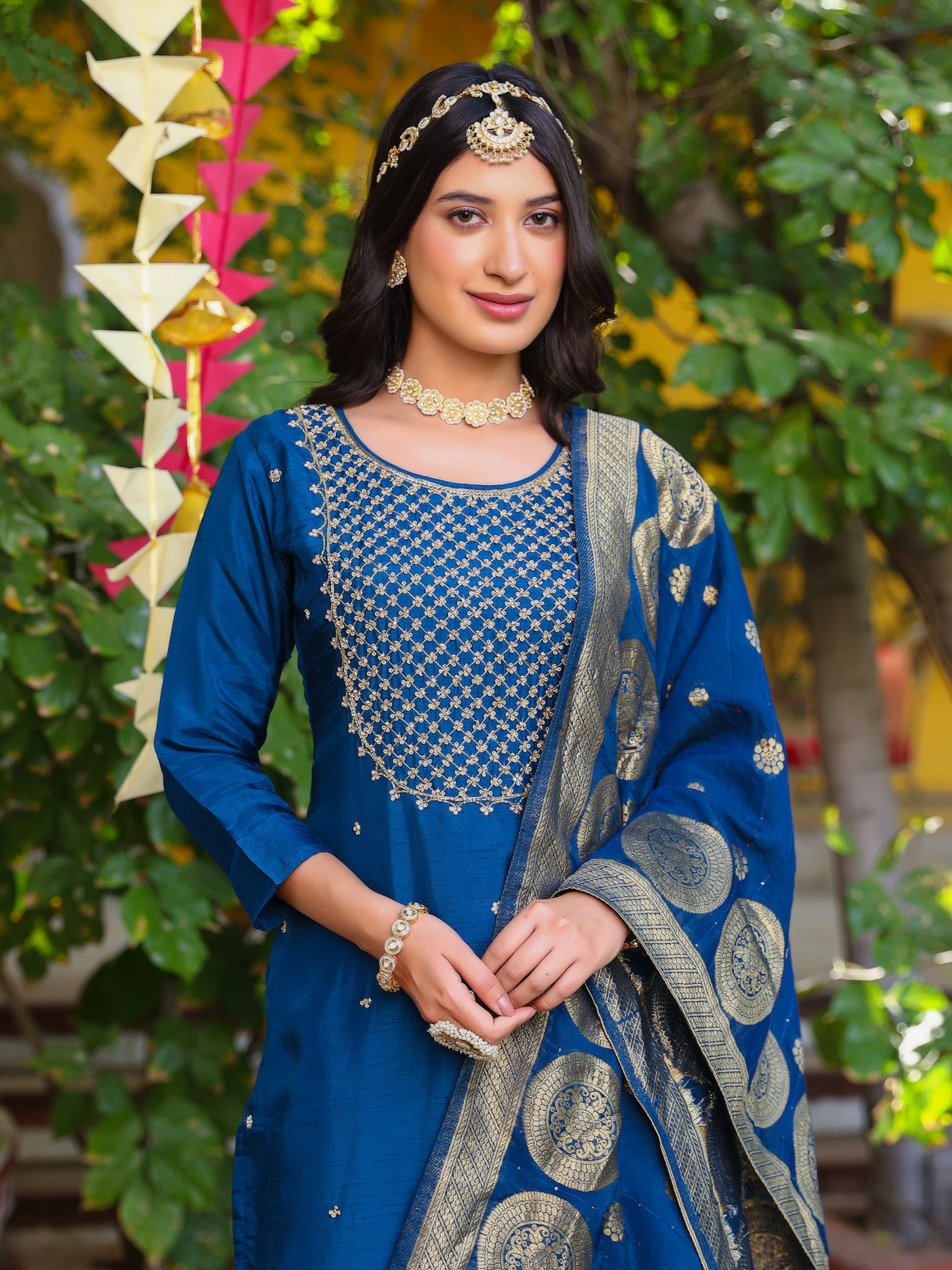 Peacock Blue Silk Salwar Set with Zardosi , U-Neck, and Three-Quarter Sleeves