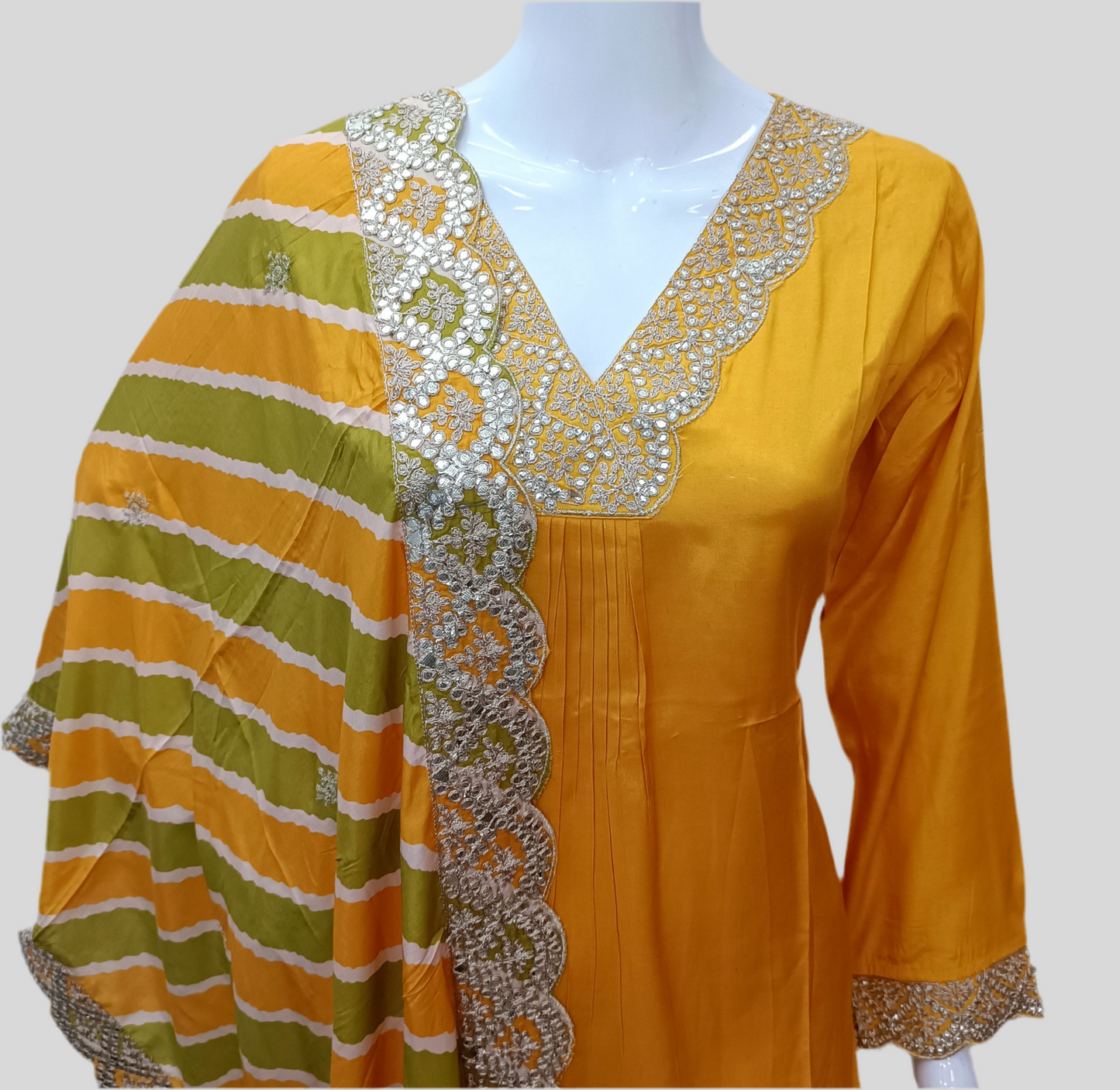 Mustard Silk Salwar Set with Zardosi , V-Neck, and Three-Quarter Sleeves