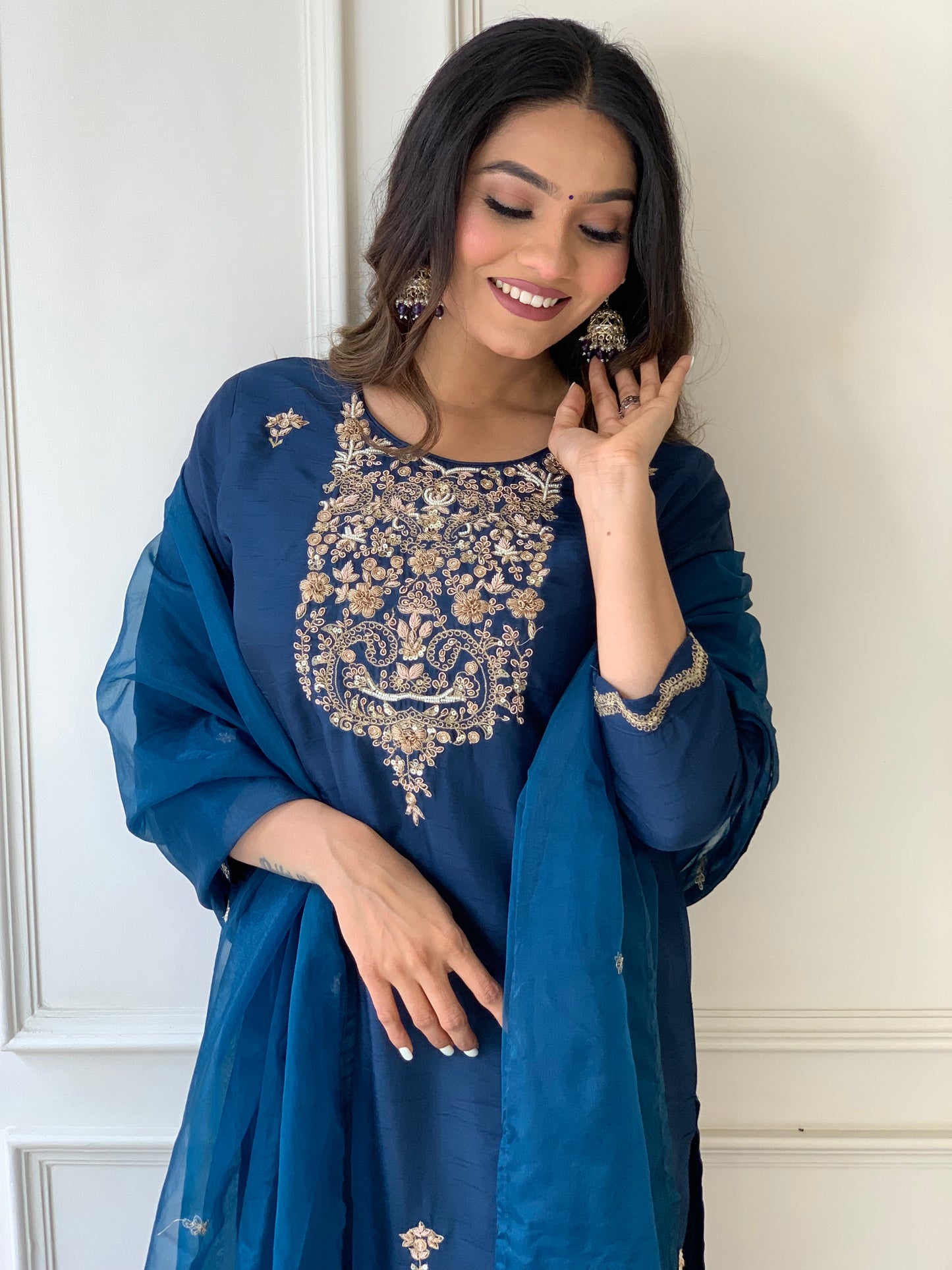 Teal Blue Silk Salwar Set with Zardosi , U-Neck, and Three-Quarter Sleeves