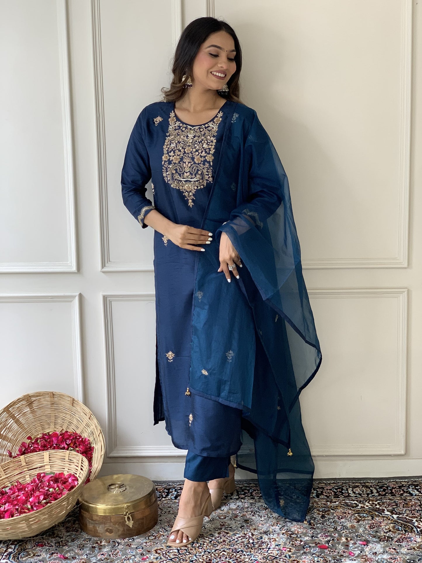 Teal Blue Silk Salwar Set with Zardosi , U-Neck, and Three-Quarter Sleeves