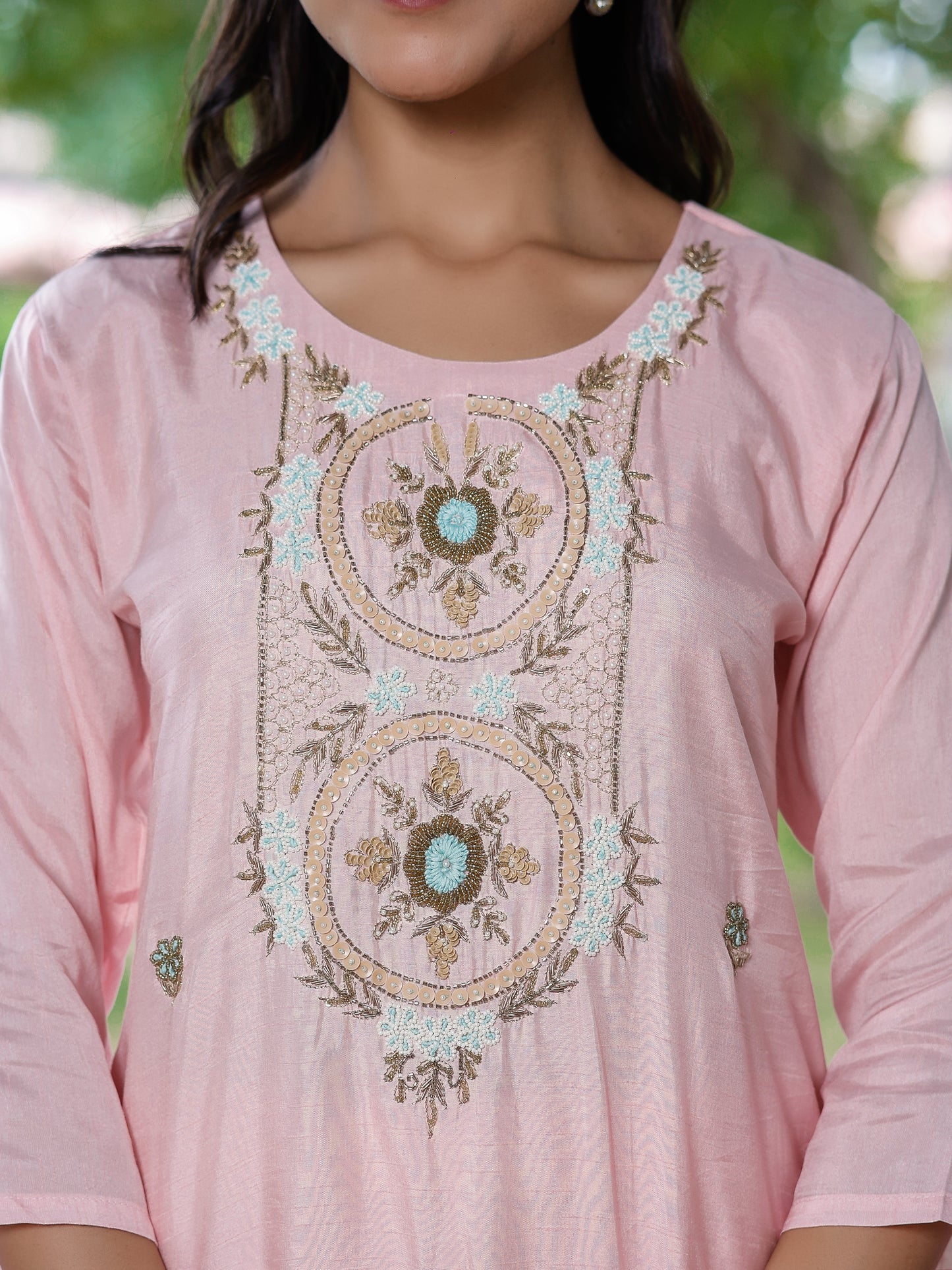 Pastel Pink Silk Salwar Set with Zardosi , and Three-Quarter Sleeves