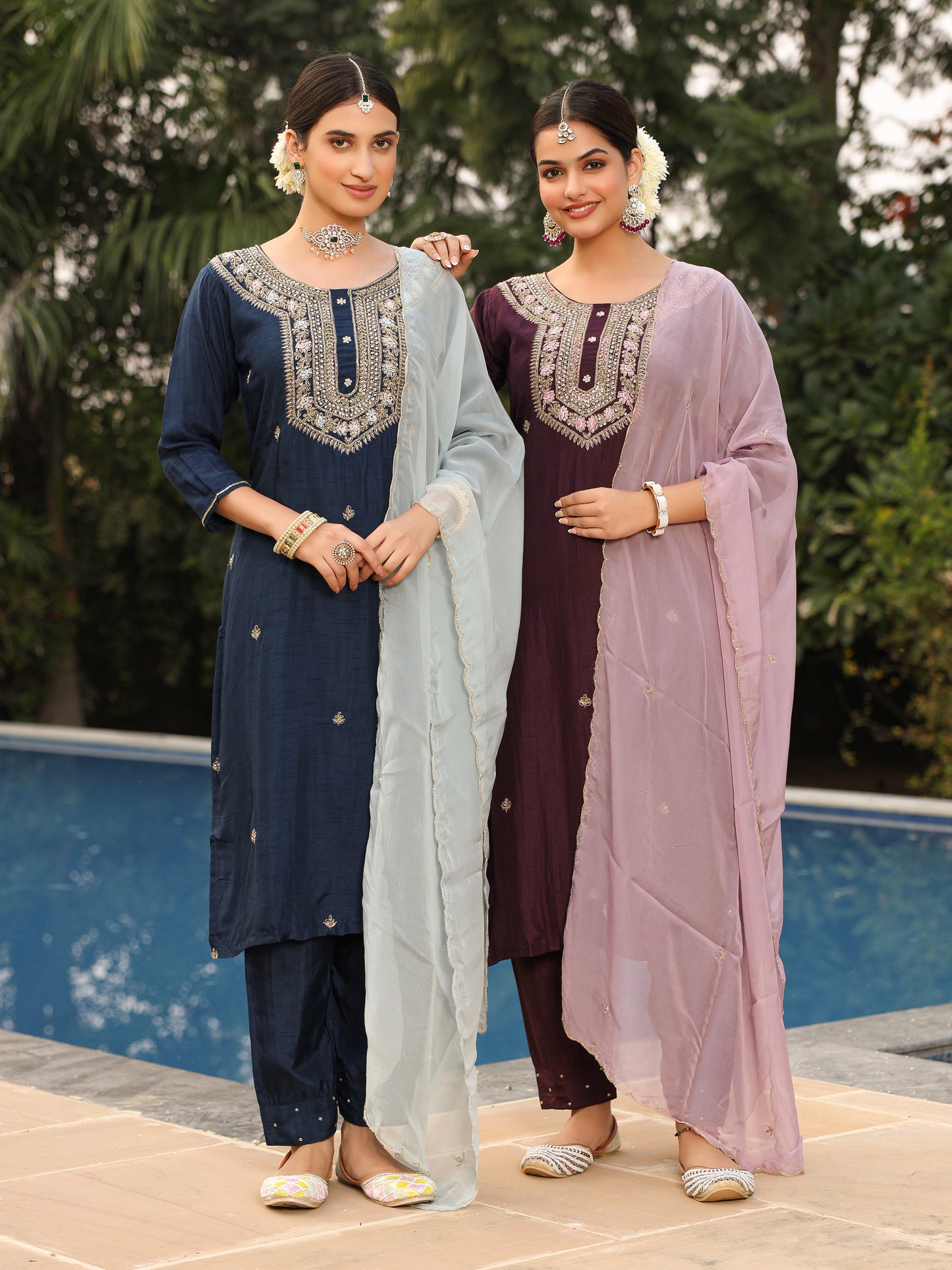 Purple Silk Salwar Set with Zardosi , and Three-Quarter Sleeves
