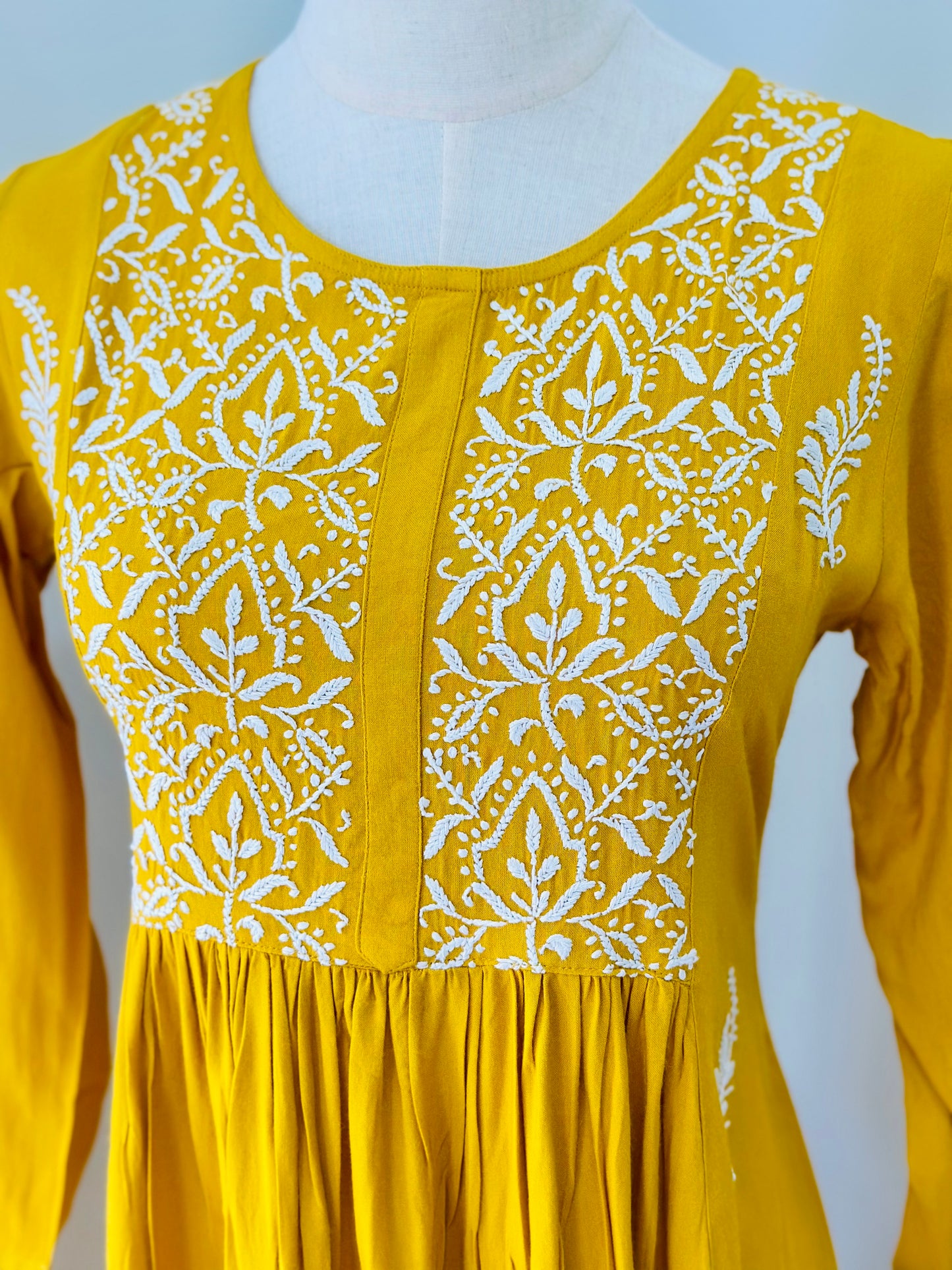 Chikankari Long Anarkali Kurta In Muslin - Musturd