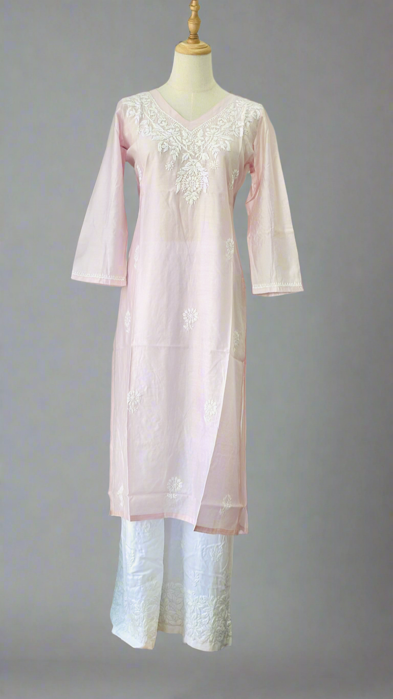 Chikankari Long Kurta In Silk - Pastel Pink