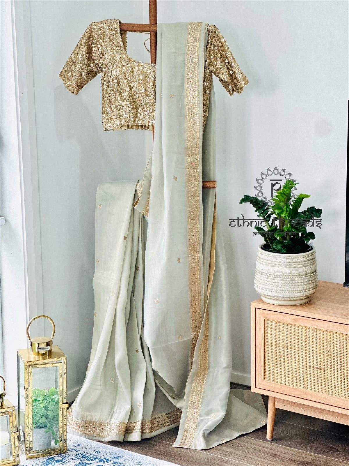 Pastel Grey Glossy Soft Tissue Saree And Blouse