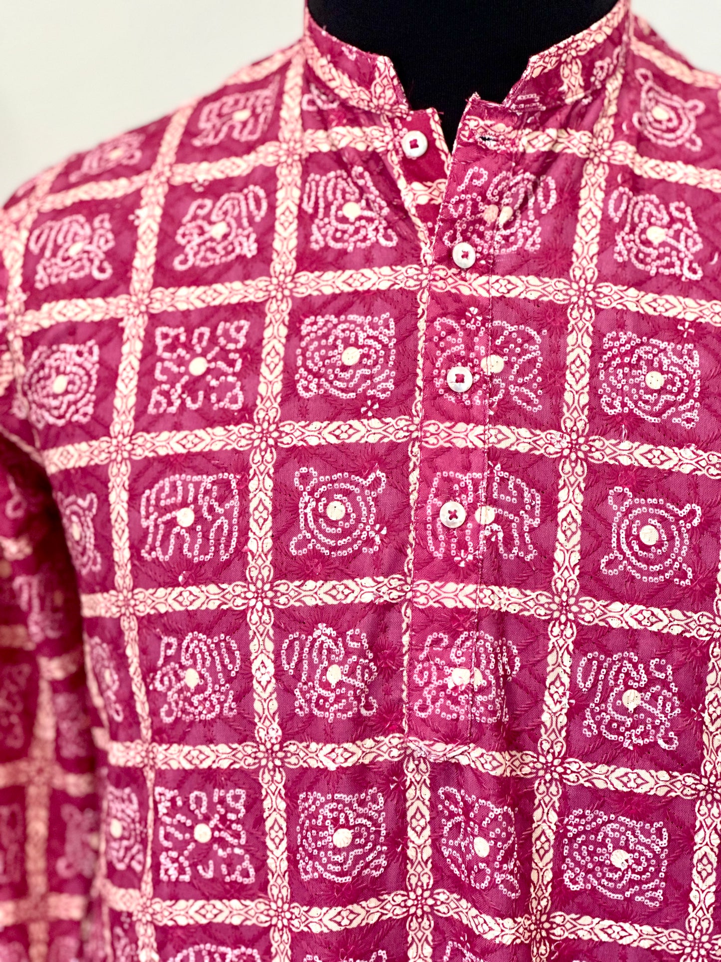 Printed Cotton Mens Long Kurta- Magenta